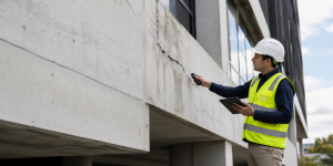 Construction worker in a hard hat and neon vest inspecting a cracked concrete beam with a handheld device and tablet beside him, outdoors near a building wall.