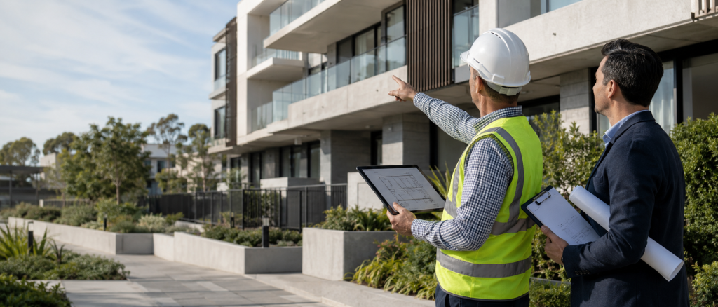 Construction worker in a high‑visibility vest and hard hat points toward a modern building while holding a tablet with plans, accompanied by a colleague in a suit with rolled blueprints.